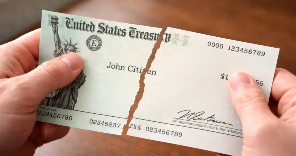 Torn U.S. Treasury check in hands